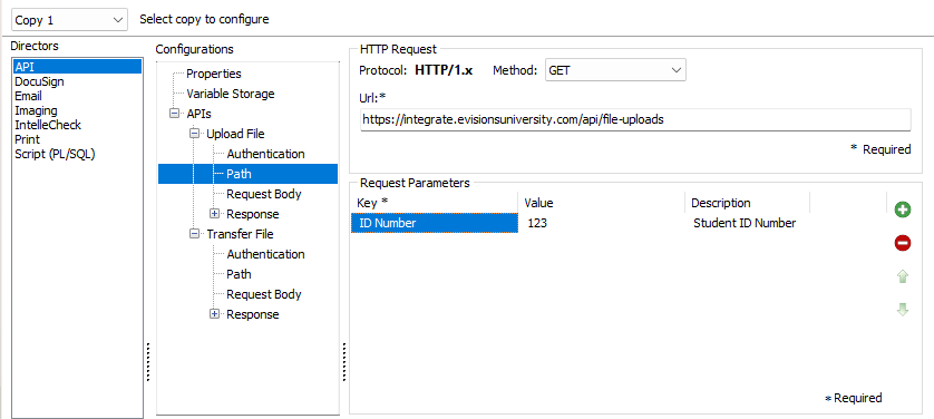 The Path screen. The request's URL destination has been added, and key and value pairs have been added to the parameters.